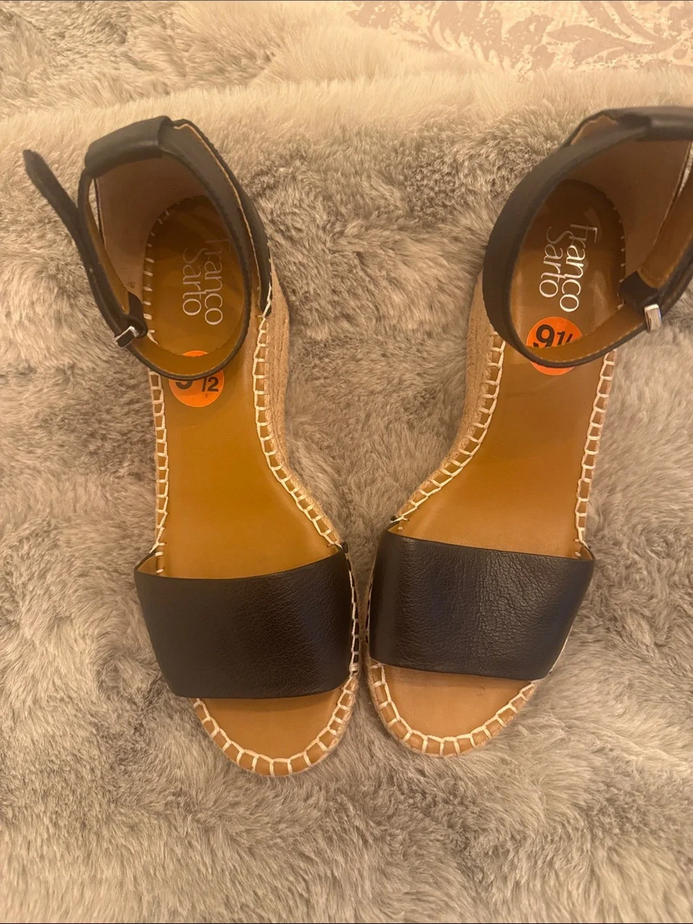 Franco Sarto Black Leather Espadrille Wedge Sandals with Ankle Strap